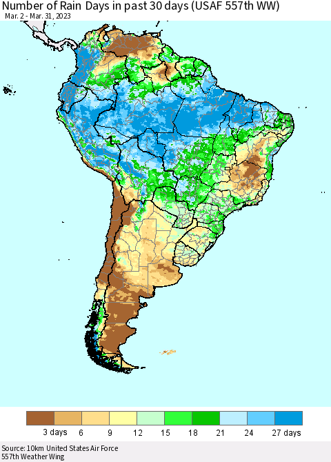 South America Number of Rain Days in past 30 days (USAF 557th WW) 03/31/2023 Thematic Map For 3/26/2023 - 3/31/2023