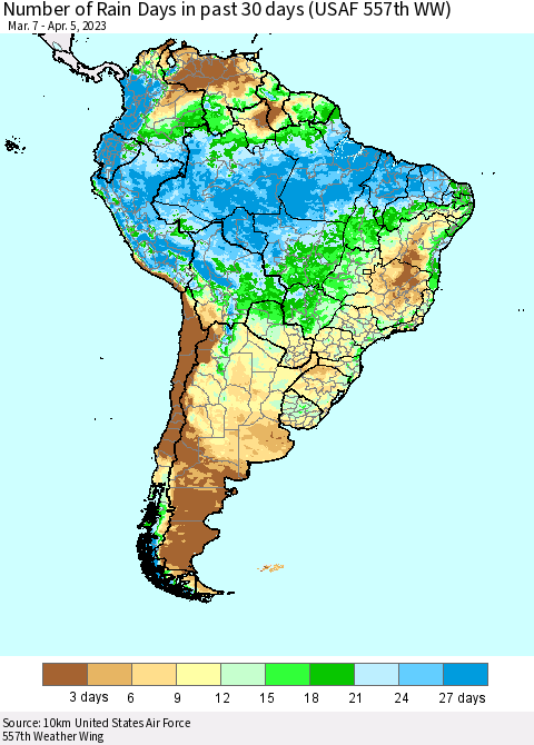 South America Number of Rain Days in past 30 days (USAF 557th WW) 04/05/2023 Thematic Map For 4/1/2023 - 4/5/2023