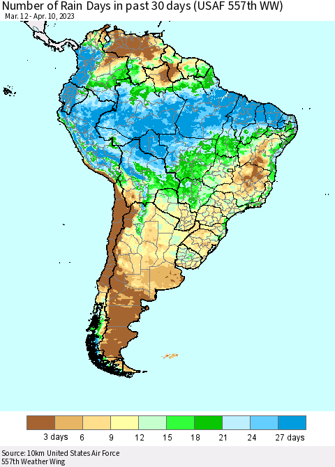 South America Number of Rain Days in past 30 days (USAF 557th WW) 04/10/2023 Thematic Map For 4/6/2023 - 4/10/2023
