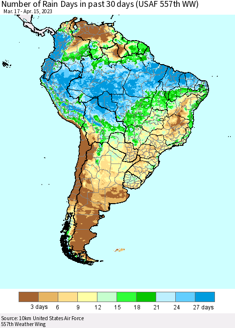 South America Number of Rain Days in past 30 days (USAF 557th WW) 04/15/2023 Thematic Map For 4/11/2023 - 4/15/2023