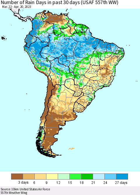 South America Number of Rain Days in past 30 days (USAF 557th WW) 04/20/2023 Thematic Map For 4/16/2023 - 4/20/2023
