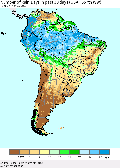 South America Number of Rain Days in past 30 days (USAF 557th WW) 04/25/2023 Thematic Map For 4/21/2023 - 4/25/2023