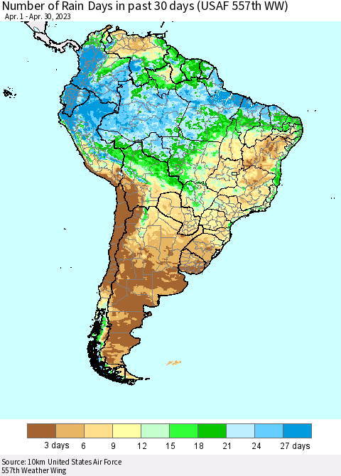 South America Number of Rain Days in past 30 days (USAF 557th WW) 04/30/2023 Thematic Map For 4/26/2023 - 4/30/2023