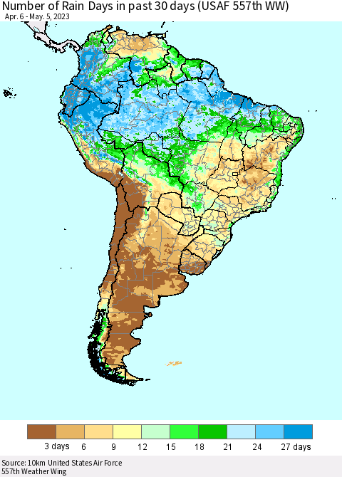 South America Number of Rain Days in past 30 days (USAF 557th WW) 05/05/2023 Thematic Map For 5/1/2023 - 5/5/2023