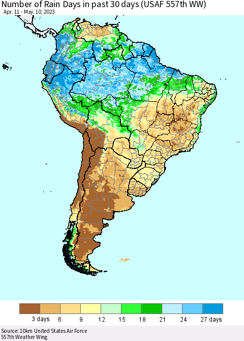 South America Number of Rain Days in past 30 days (USAF 557th WW) 05/10/2023 Thematic Map For 5/6/2023 - 5/10/2023