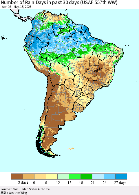 South America Number of Rain Days in past 30 days (USAF 557th WW) 05/15/2023 Thematic Map For 5/11/2023 - 5/15/2023