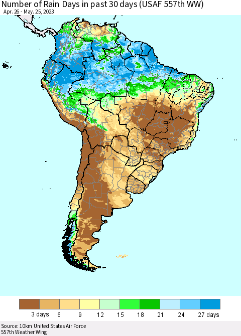 South America Number of Rain Days in past 30 days (USAF 557th WW) 05/25/2023 Thematic Map For 5/21/2023 - 5/25/2023