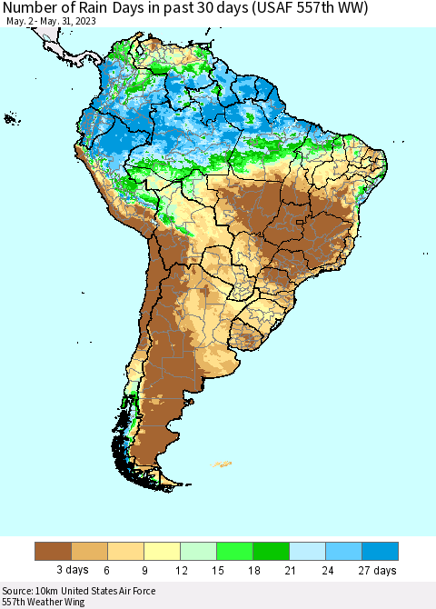 South America Number of Rain Days in past 30 days (USAF 557th WW) 05/31/2023 Thematic Map For 5/26/2023 - 5/31/2023