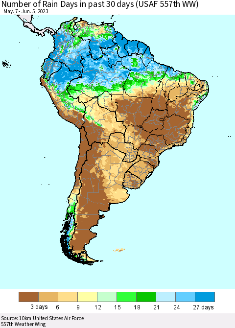 South America Number of Rain Days in past 30 days (USAF 557th WW) 06/05/2023 Thematic Map For 6/1/2023 - 6/5/2023