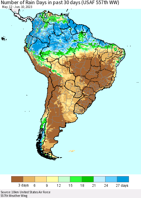 South America Number of Rain Days in past 30 days (USAF 557th WW) 06/10/2023 Thematic Map For 6/6/2023 - 6/10/2023