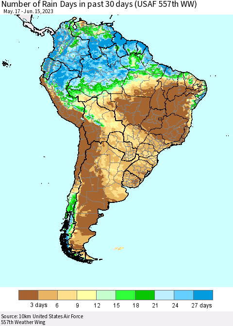 South America Number of Rain Days in past 30 days (USAF 557th WW) 06/15/2023 Thematic Map For 6/11/2023 - 6/15/2023