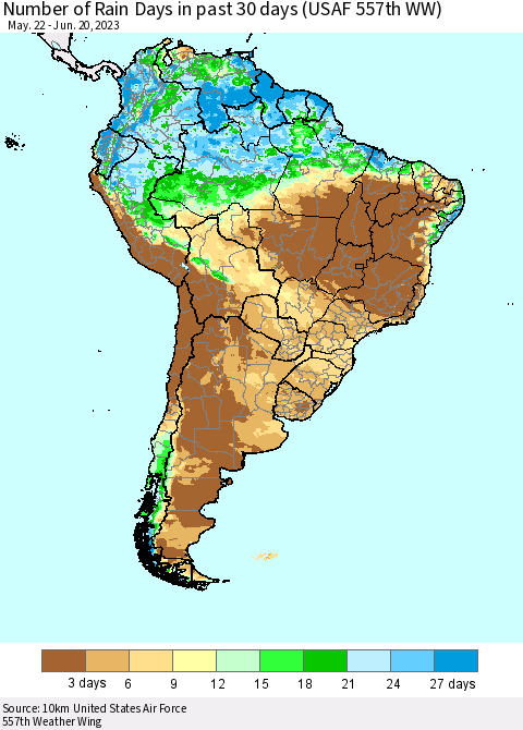 South America Number of Rain Days in past 30 days (USAF 557th WW) 06/20/2023 Thematic Map For 6/16/2023 - 6/20/2023