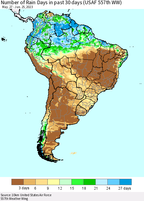 South America Number of Rain Days in past 30 days (USAF 557th WW) 06/25/2023 Thematic Map For 6/21/2023 - 6/25/2023