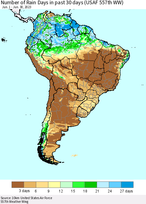 South America Number of Rain Days in past 30 days (USAF 557th WW) 06/30/2023 Thematic Map For 6/26/2023 - 6/30/2023