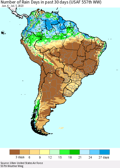 South America Number of Rain Days in past 30 days (USAF 557th WW) 07/05/2023 Thematic Map For 7/1/2023 - 7/5/2023