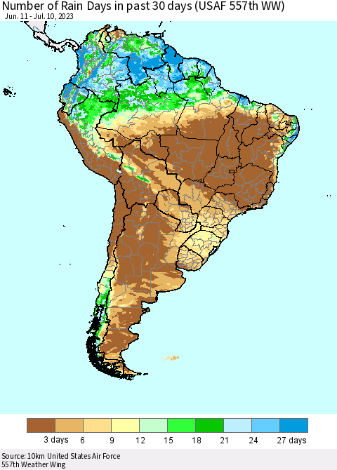 South America Number of Rain Days in past 30 days (USAF 557th WW) 07/10/2023 Thematic Map For 7/6/2023 - 7/10/2023