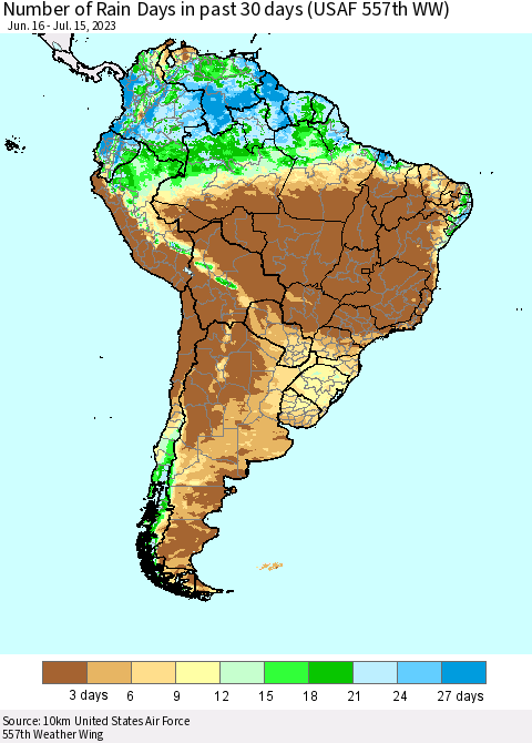 South America Number of Rain Days in past 30 days (USAF 557th WW) 07/15/2023 Thematic Map For 7/11/2023 - 7/15/2023