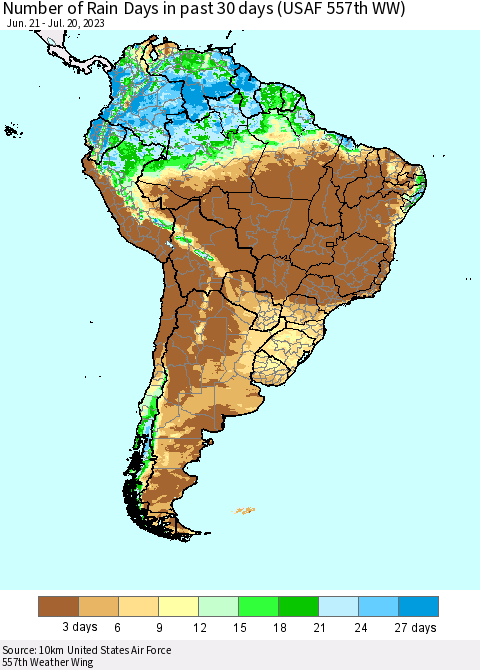South America Number of Rain Days in past 30 days (USAF 557th WW) 07/20/2023 Thematic Map For 7/16/2023 - 7/20/2023