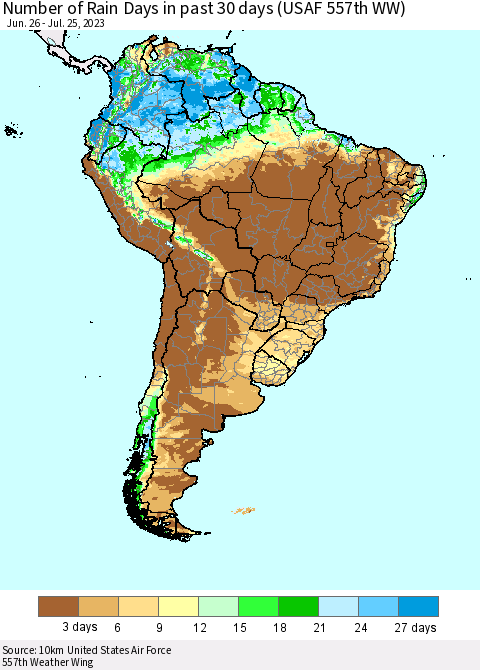 South America Number of Rain Days in past 30 days (USAF 557th WW) 07/25/2023 Thematic Map For 7/21/2023 - 7/25/2023