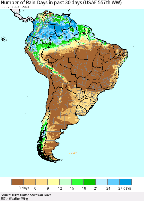 South America Number of Rain Days in past 30 days (USAF 557th WW) 07/31/2023 Thematic Map For 7/26/2023 - 7/31/2023
