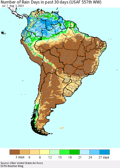 South America Number of Rain Days in past 30 days (USAF 557th WW) 08/05/2023 Thematic Map For 8/1/2023 - 8/5/2023