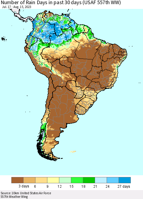South America Number of Rain Days in past 30 days (USAF 557th WW) 08/15/2023 Thematic Map For 8/11/2023 - 8/15/2023