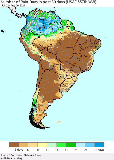 South America Number of Rain Days in past 30 days (USAF 557th WW) 08/20/2023 Thematic Map For 8/16/2023 - 8/20/2023