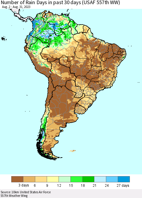 South America Number of Rain Days in past 30 days (USAF 557th WW) 08/31/2023 Thematic Map For 8/26/2023 - 8/31/2023