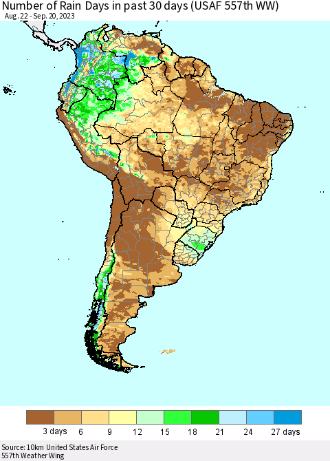 South America Number of Rain Days in past 30 days (USAF 557th WW) 09/20/2023 Thematic Map For 9/16/2023 - 9/20/2023