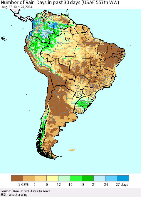 South America Number of Rain Days in past 30 days (USAF 557th WW) 09/25/2023 Thematic Map For 9/21/2023 - 9/25/2023
