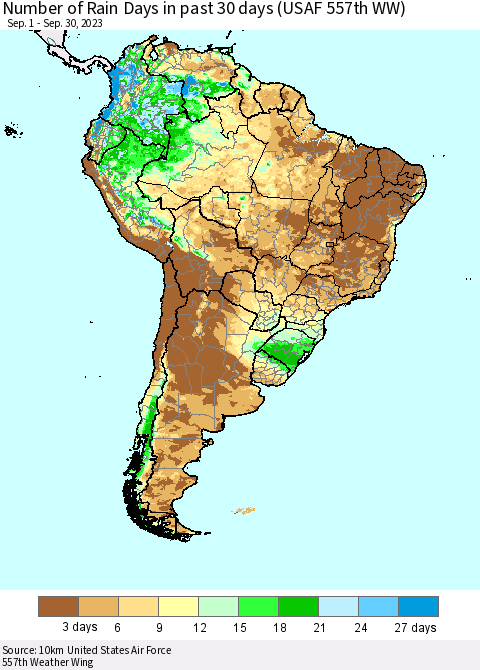South America Number of Rain Days in past 30 days (USAF 557th WW) 09/30/2023 Thematic Map For 9/26/2023 - 9/30/2023