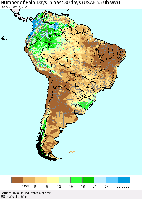 South America Number of Rain Days in past 30 days (USAF 557th WW) 10/05/2023 Thematic Map For 10/1/2023 - 10/5/2023