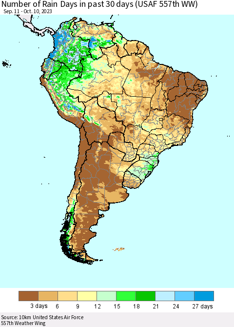 South America Number of Rain Days in past 30 days (USAF 557th WW) 10/10/2023 Thematic Map For 10/6/2023 - 10/10/2023