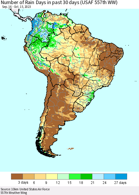 South America Number of Rain Days in past 30 days (USAF 557th WW) 10/15/2023 Thematic Map For 10/11/2023 - 10/15/2023