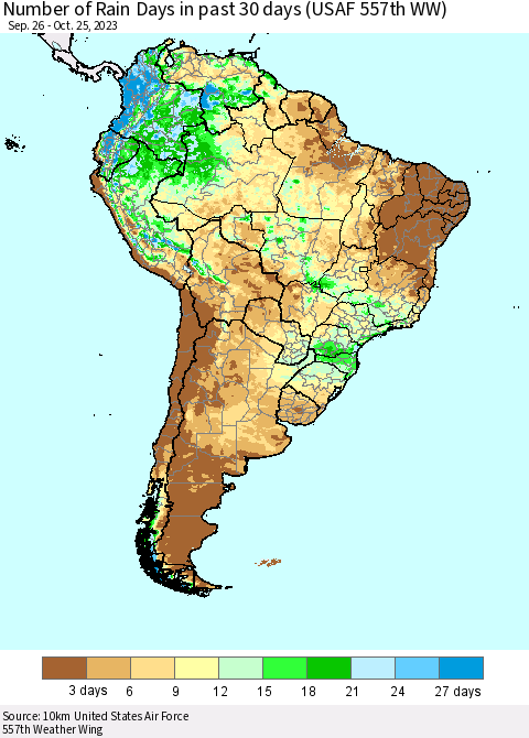 South America Number of Rain Days in past 30 days (USAF 557th WW) 10/25/2023 Thematic Map For 10/21/2023 - 10/25/2023