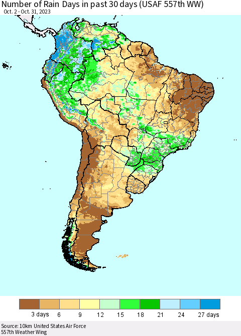 South America Number of Rain Days in past 30 days (USAF 557th WW) 10/31/2023 Thematic Map For 10/26/2023 - 10/31/2023
