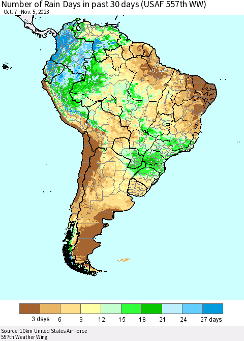 South America Number of Rain Days in past 30 days (USAF 557th WW) 11/05/2023 Thematic Map For 11/1/2023 - 11/5/2023
