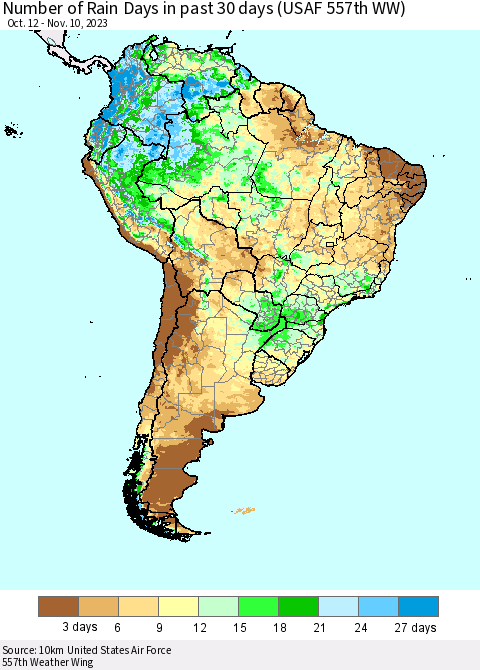 South America Number of Rain Days in past 30 days (USAF 557th WW) 11/10/2023 Thematic Map For 11/6/2023 - 11/10/2023