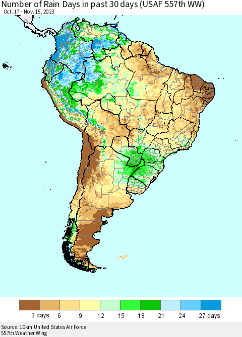 South America Number of Rain Days in past 30 days (USAF 557th WW) 11/15/2023 Thematic Map For 11/11/2023 - 11/15/2023