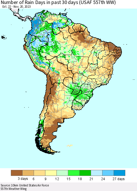 South America Number of Rain Days in past 30 days (USAF 557th WW) 11/20/2023 Thematic Map For 11/16/2023 - 11/20/2023