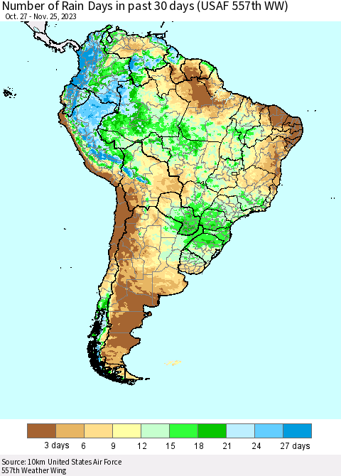 South America Number of Rain Days in past 30 days (USAF 557th WW) 11/25/2023 Thematic Map For 11/21/2023 - 11/25/2023