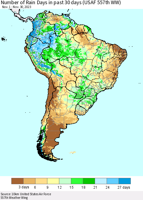 South America Number of Rain Days in past 30 days (USAF 557th WW) 11/30/2023 Thematic Map For 11/26/2023 - 11/30/2023
