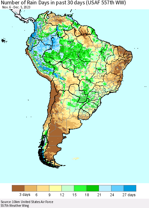 South America Number of Rain Days in past 30 days (USAF 557th WW) 12/05/2023 Thematic Map For 12/1/2023 - 12/5/2023