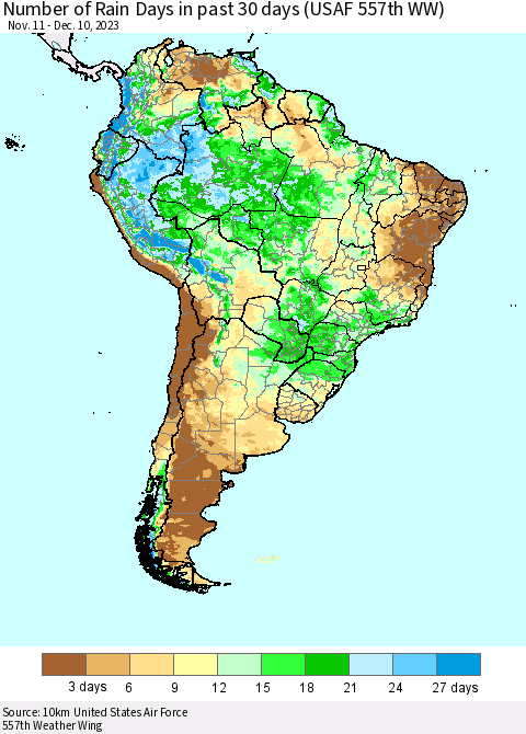 South America Number of Rain Days in past 30 days (USAF 557th WW) 12/10/2023 Thematic Map For 12/6/2023 - 12/10/2023