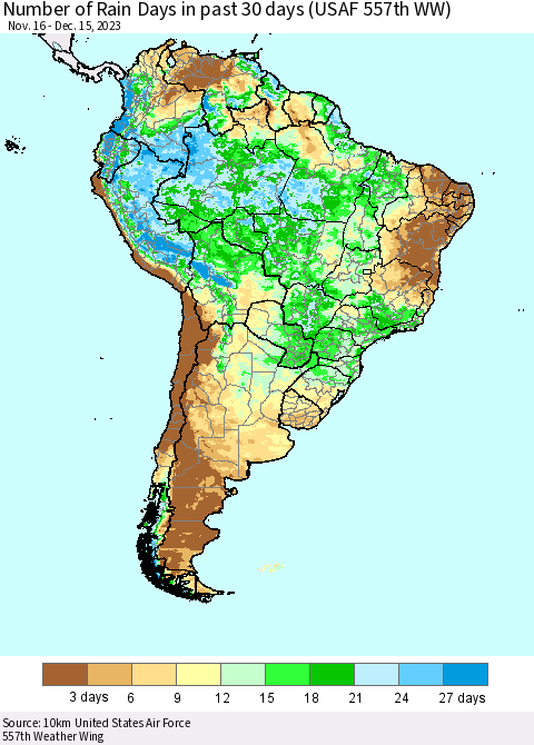 South America Number of Rain Days in past 30 days (USAF 557th WW) 12/15/2023 Thematic Map For 12/11/2023 - 12/15/2023