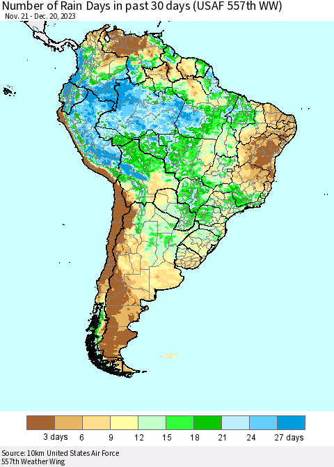South America Number of Rain Days in past 30 days (USAF 557th WW) 12/20/2023 Thematic Map For 12/16/2023 - 12/20/2023