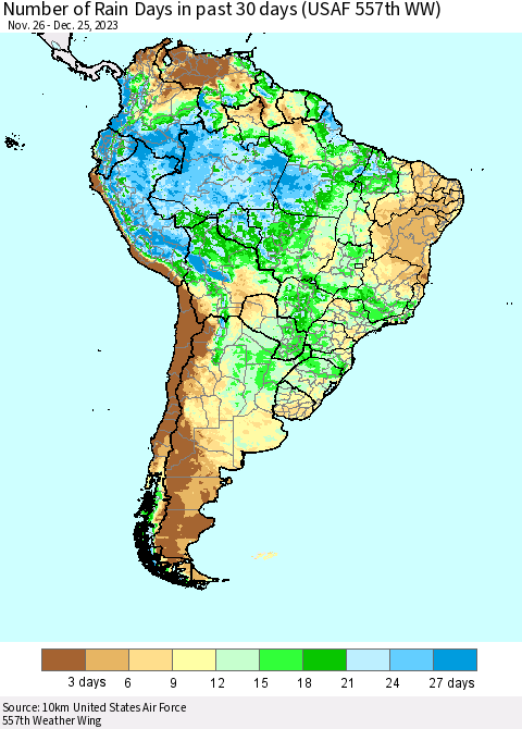 South America Number of Rain Days in past 30 days (USAF 557th WW) 12/25/2023 Thematic Map For 12/21/2023 - 12/25/2023