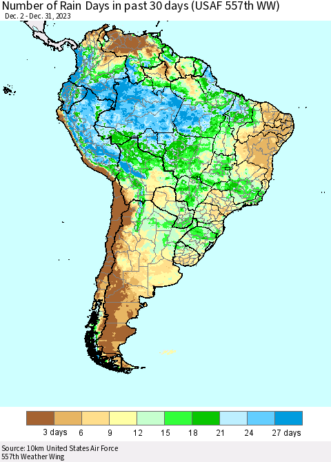 South America Number of Rain Days in past 30 days (USAF 557th WW) 12/31/2023 Thematic Map For 12/26/2023 - 12/31/2023