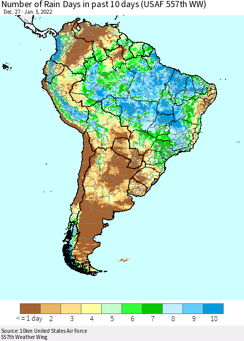 South America Number of Rain Days in past 10 days (USAF 557th WW) Thematic Map For 1/1/2022 - 1/5/2022