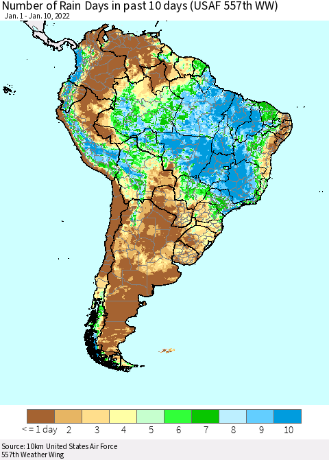South America Number of Rain Days in past 10 days (USAF 557th WW) Thematic Map For 1/6/2022 - 1/10/2022